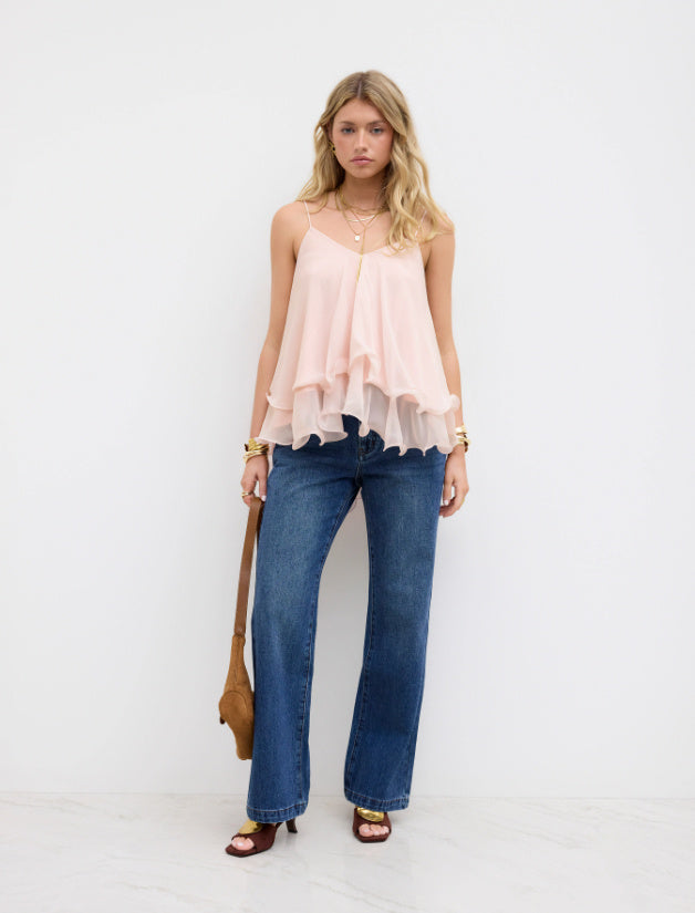 Mesh Camisole Short Top With Laminated Ruffles