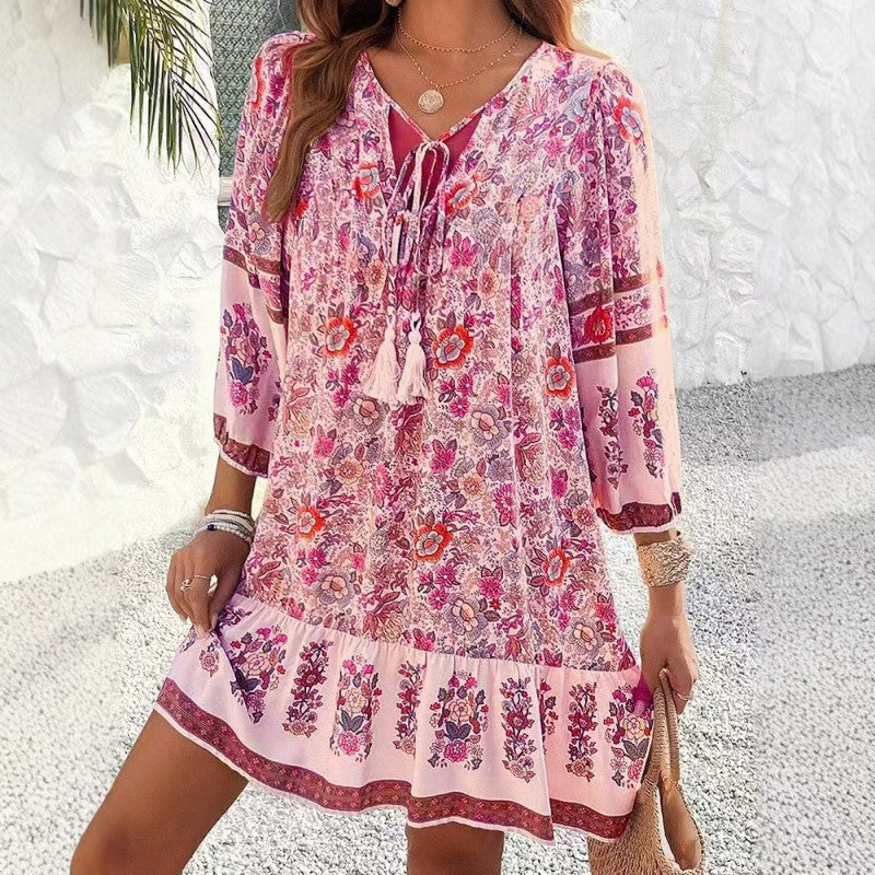 Women's Elegant V-Neck Fringe Bow Floral Print Dress Long Sleeve Comfortable Spring&Summer Dress