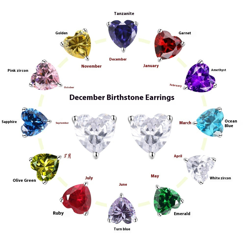 S925 Sterling Silver Simple Heart-shaped Zirconium Fashion Stone Colored Gems Twelve Birthstone Stud Earrings