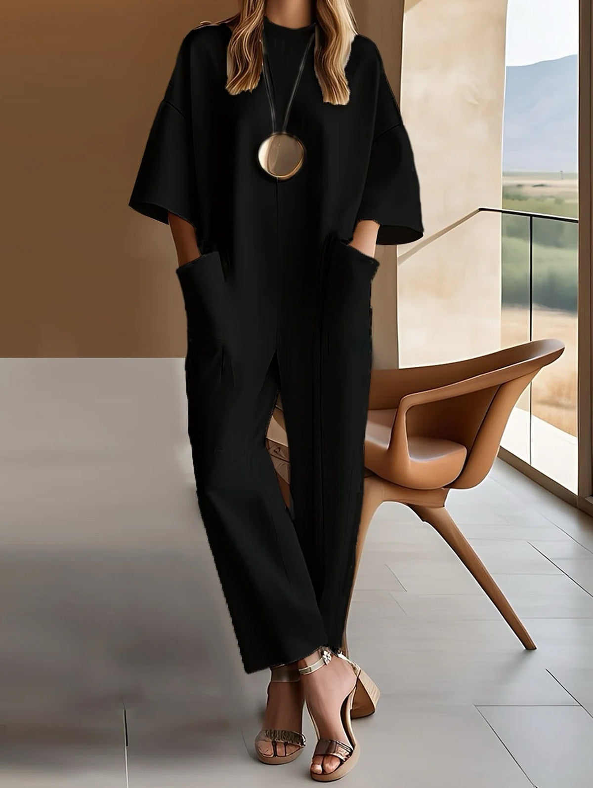Round Neck Half Sleeve Pocket Solid Color Long Jumpsuit