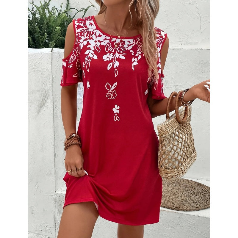Women's Summer Cold Shoulder Crew Neck Floral Print Dress Beach Vacation Boho Mini Sundress
