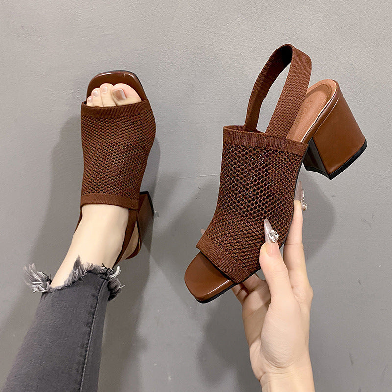 European And American Flying Woven High Heel Chunky Heel Sandals For Women