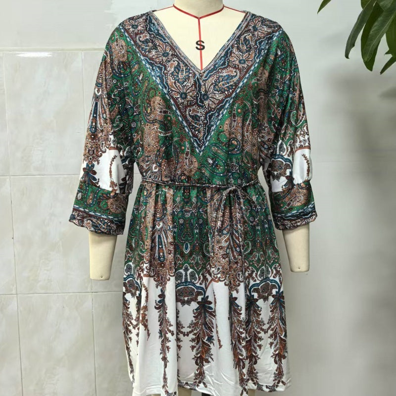 Women's Bohemian Dress V Neck Front Tie Short Sleeve Floral A Line Beach Boho Flowy Tunic Dress