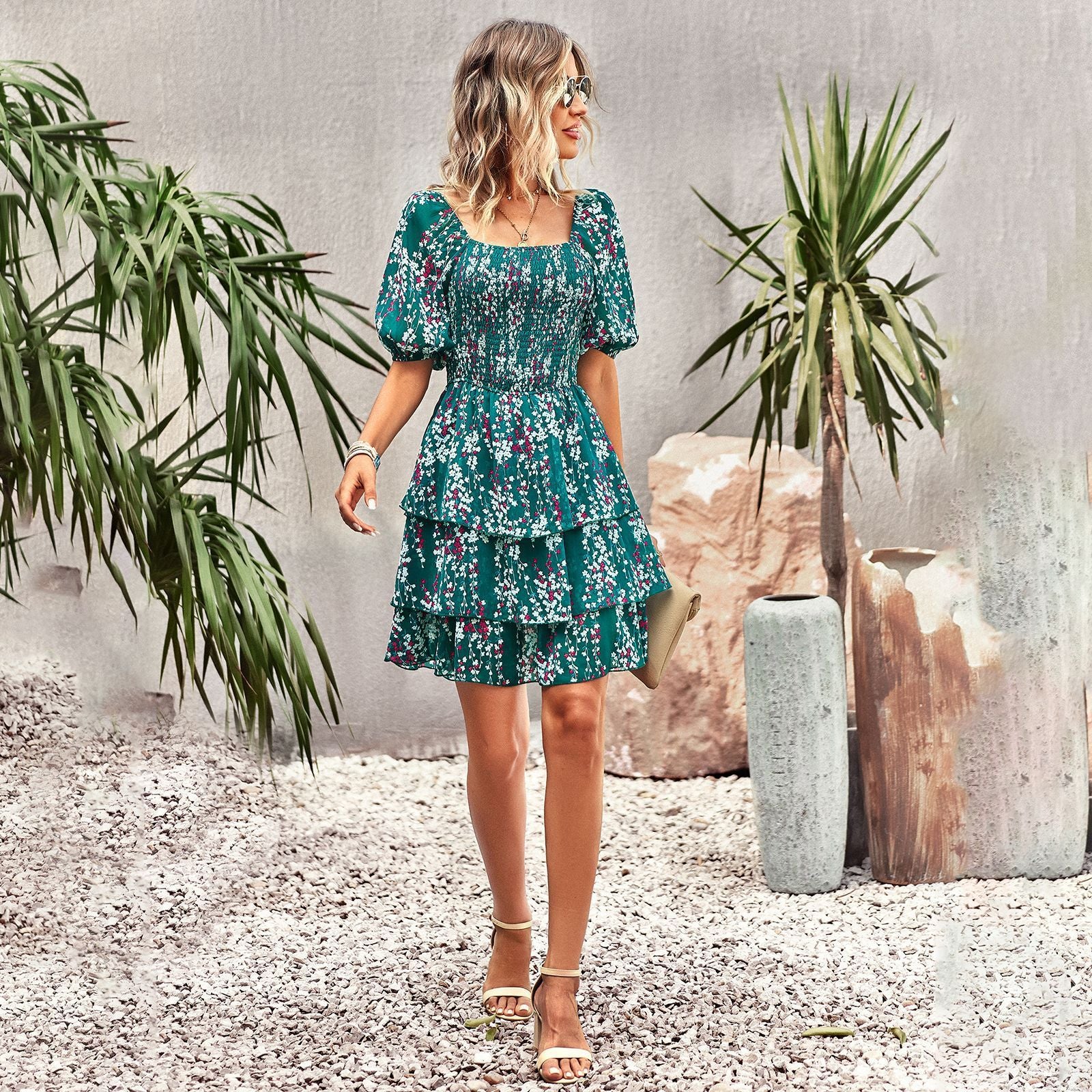 French Square Collar Cake Fashion Vacation Holiday Short Dress
