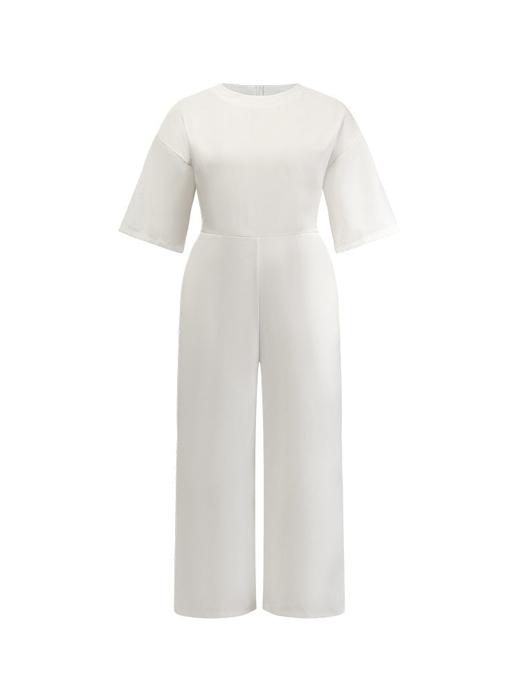 Round Neck Half Sleeve Pocket Solid Color Long Jumpsuit