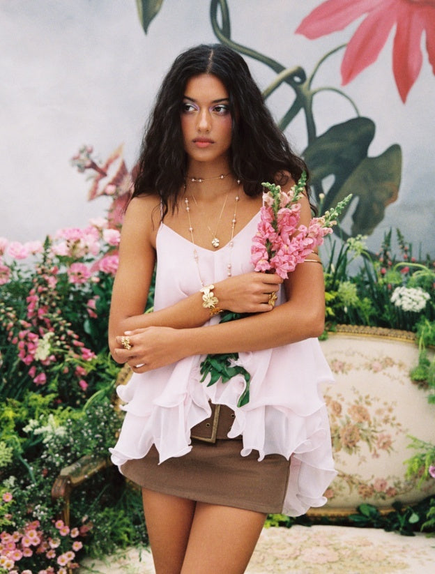 Mesh Camisole Short Top With Laminated Ruffles