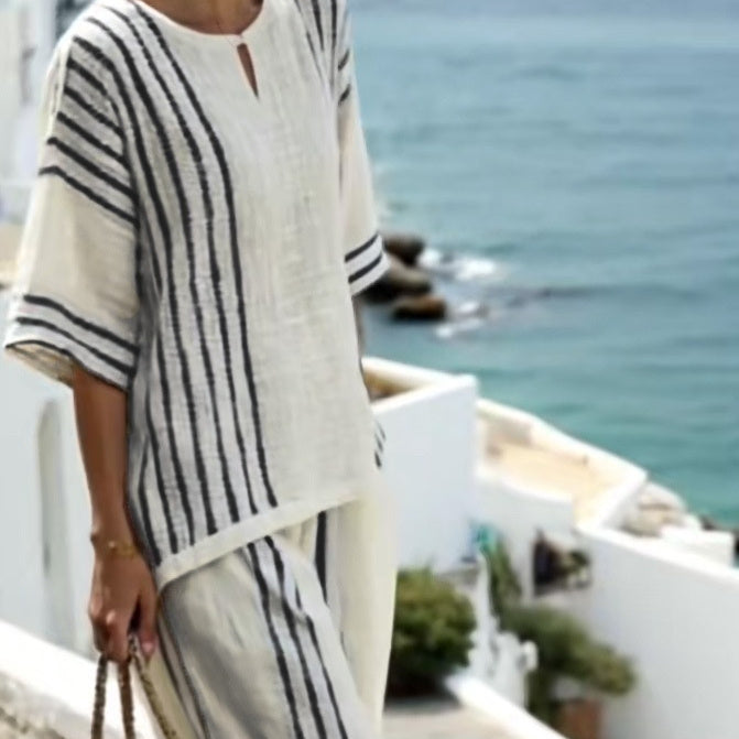 Round Neck Striped Short Sleeve Cotton And Linen Top Casual Pants