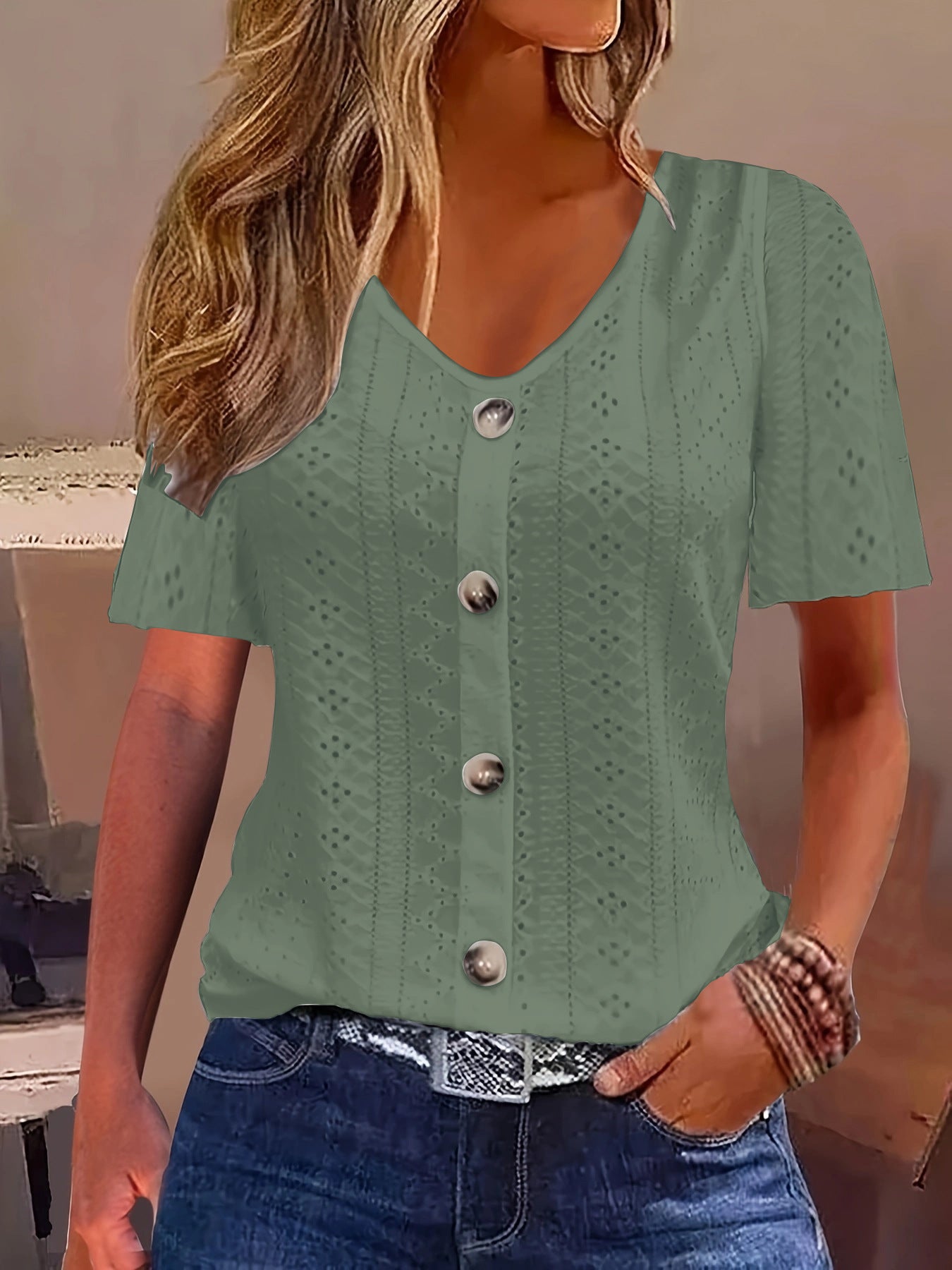 Solid Color Jacquard V-neck Buttons Short Sleeve T-shirt Top