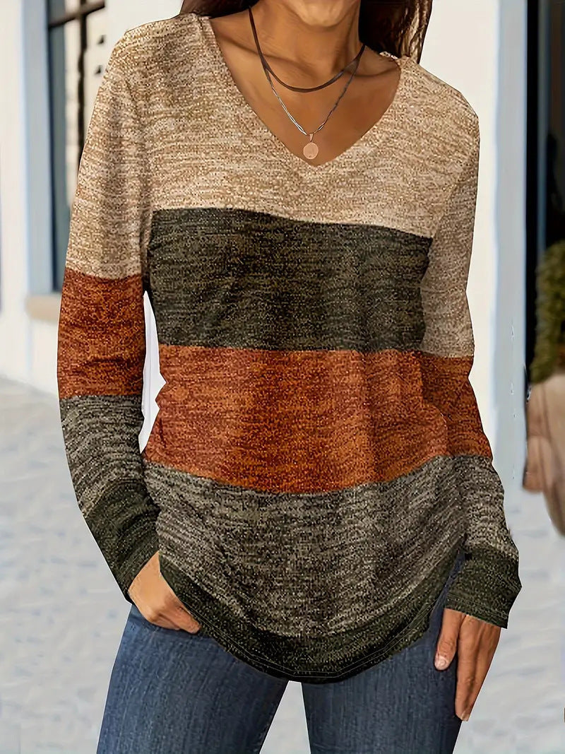 Casual Fashion Trends High Quality Color Matching Long Sleeve V-neck