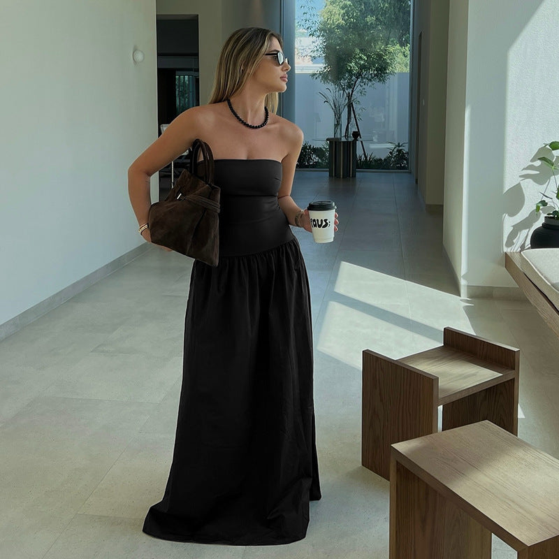 Tube Top Cinched Waist A Swing Backless Dress