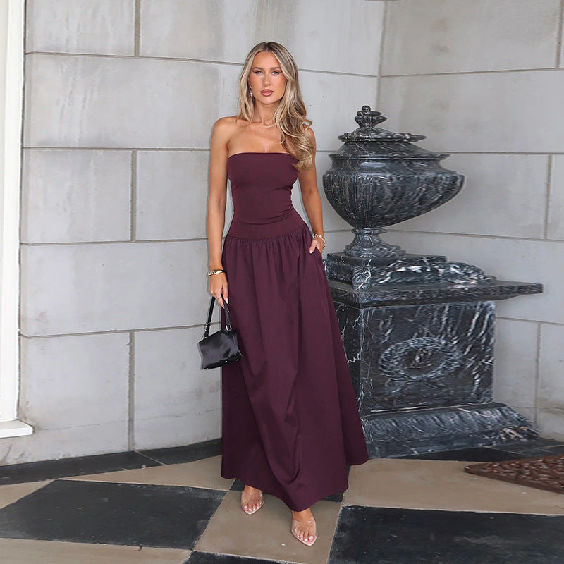 Tube Top Cinched Waist A Swing Backless Dress
