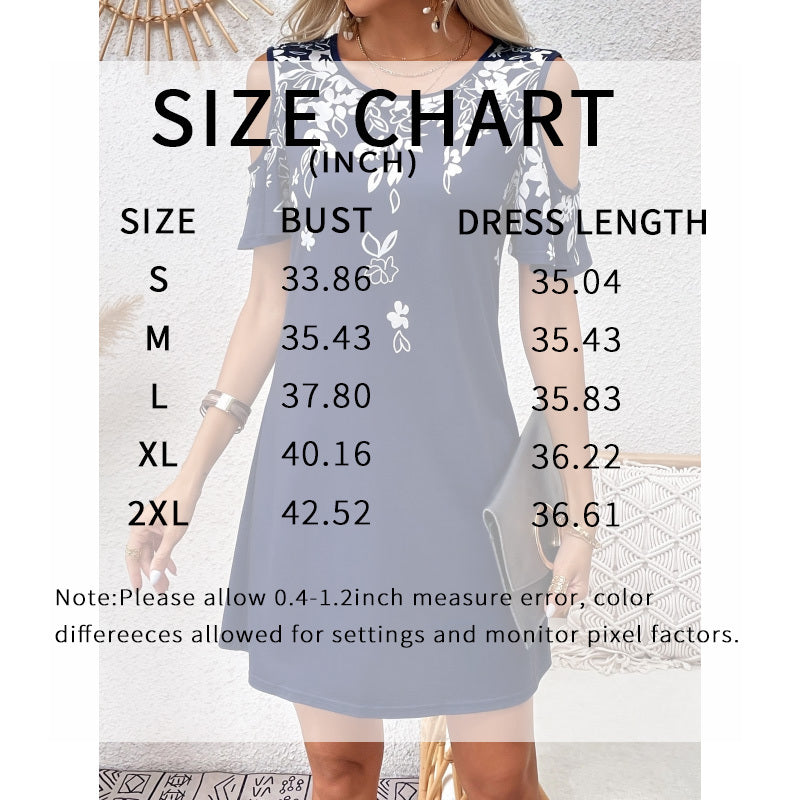 Women's Summer Cold Shoulder Crew Neck Floral Print Dress Beach Vacation Boho Mini Sundress