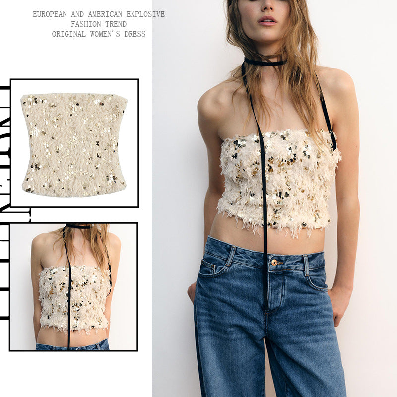 Beads Decoration Frayed European And American Retro Short Waist Seal