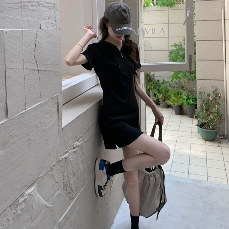 Slimming Sweet And Spicy Solid Color Short Sleeve Skirt