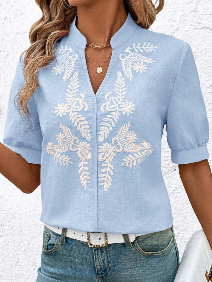 V-neck Fashion Pure Cotton Embroidery Short-sleeved Casual Shirt For Women