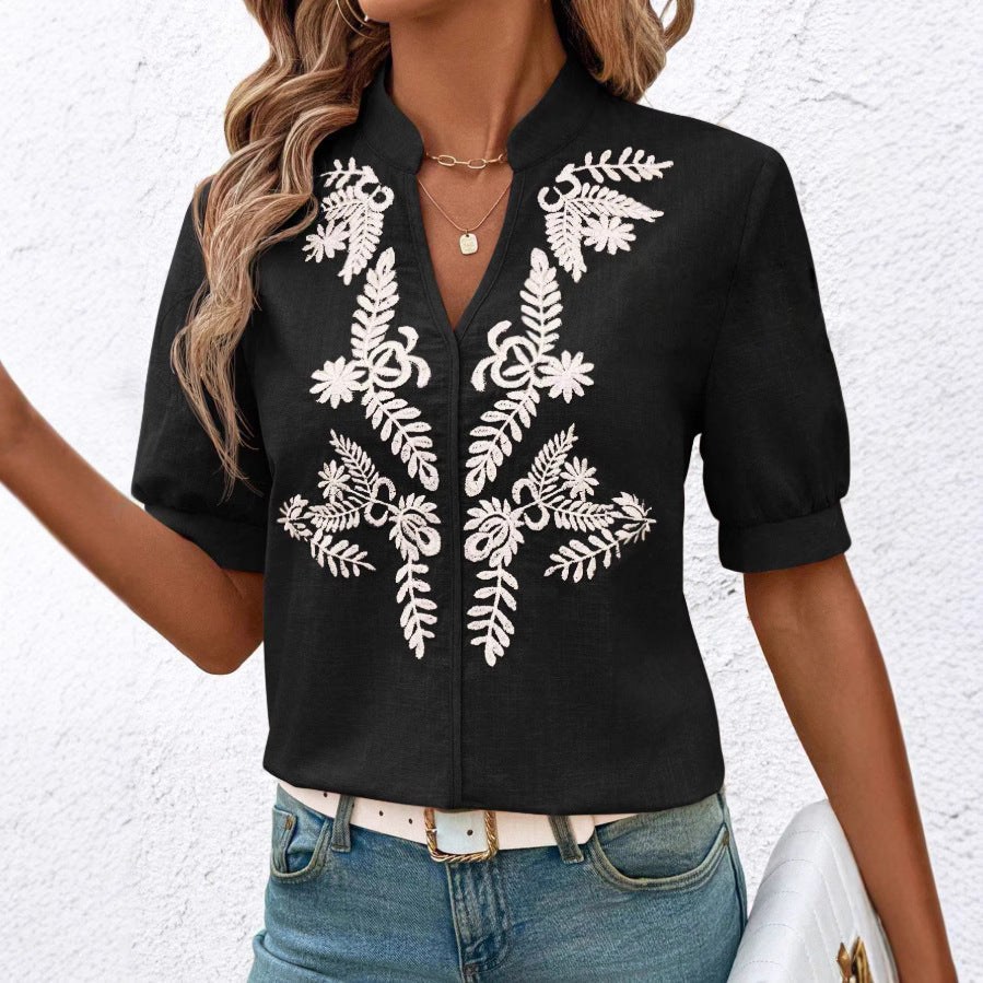 V-neck Fashion Pure Cotton Embroidery Short-sleeved Casual Shirt For Women