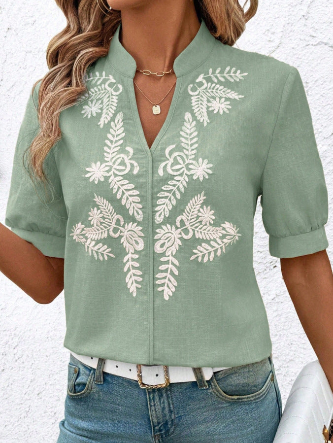 V-neck Fashion Pure Cotton Embroidery Short-sleeved Casual Shirt For Women