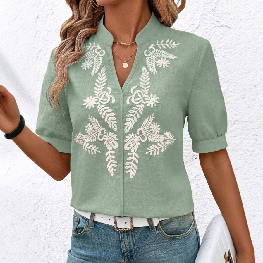 V-neck Fashion Pure Cotton Embroidery Short-sleeved Casual Shirt For Women
