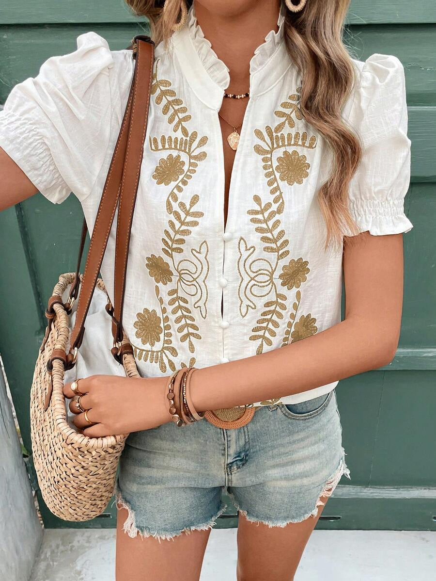 Women's Cotton Embroidered Cardigan Buckle Puff Short Sleeve