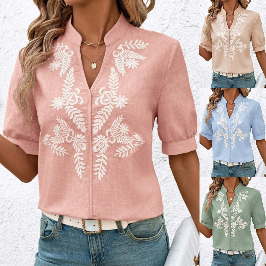V-neck Fashion Pure Cotton Embroidery Short-sleeved Casual Shirt For Women