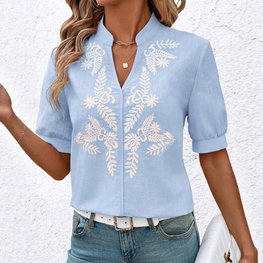 V-neck Fashion Pure Cotton Embroidery Short-sleeved Casual Shirt For Women