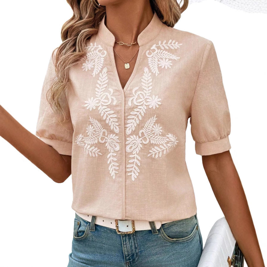 V-neck Fashion Pure Cotton Embroidery Short-sleeved Casual Shirt For Women