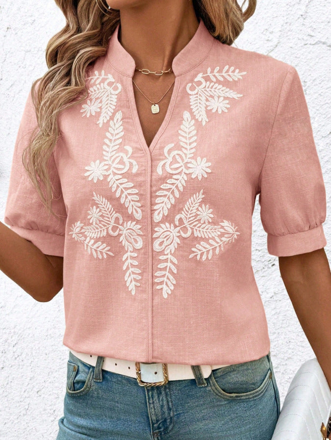 V-neck Fashion Pure Cotton Embroidery Short-sleeved Casual Shirt For Women