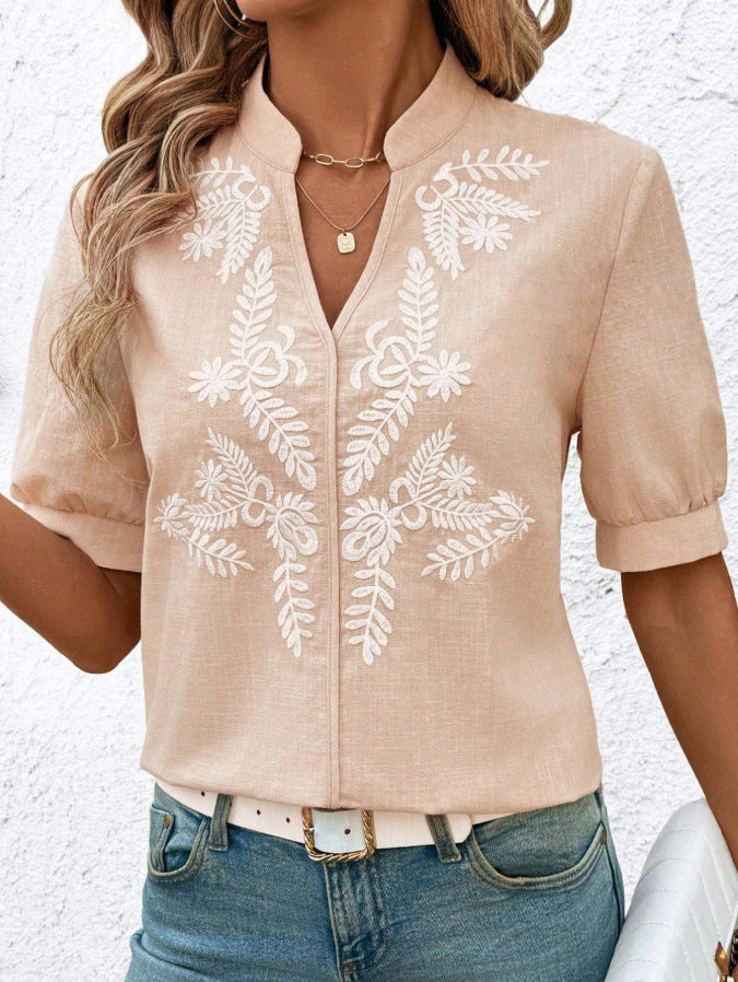 V-neck Fashion Pure Cotton Embroidery Short-sleeved Casual Shirt For Women