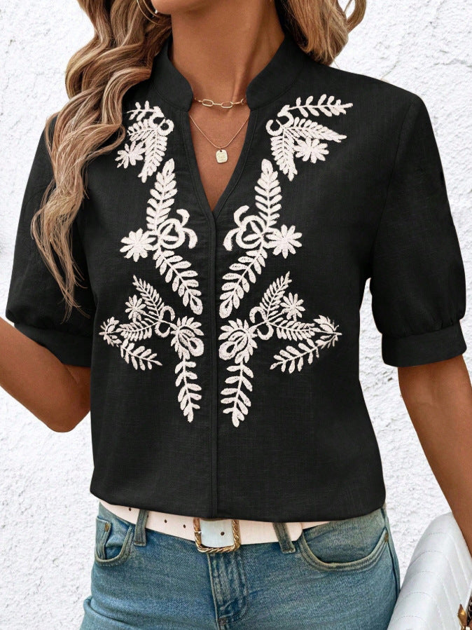 V-neck Fashion Pure Cotton Embroidery Short-sleeved Casual Shirt For Women