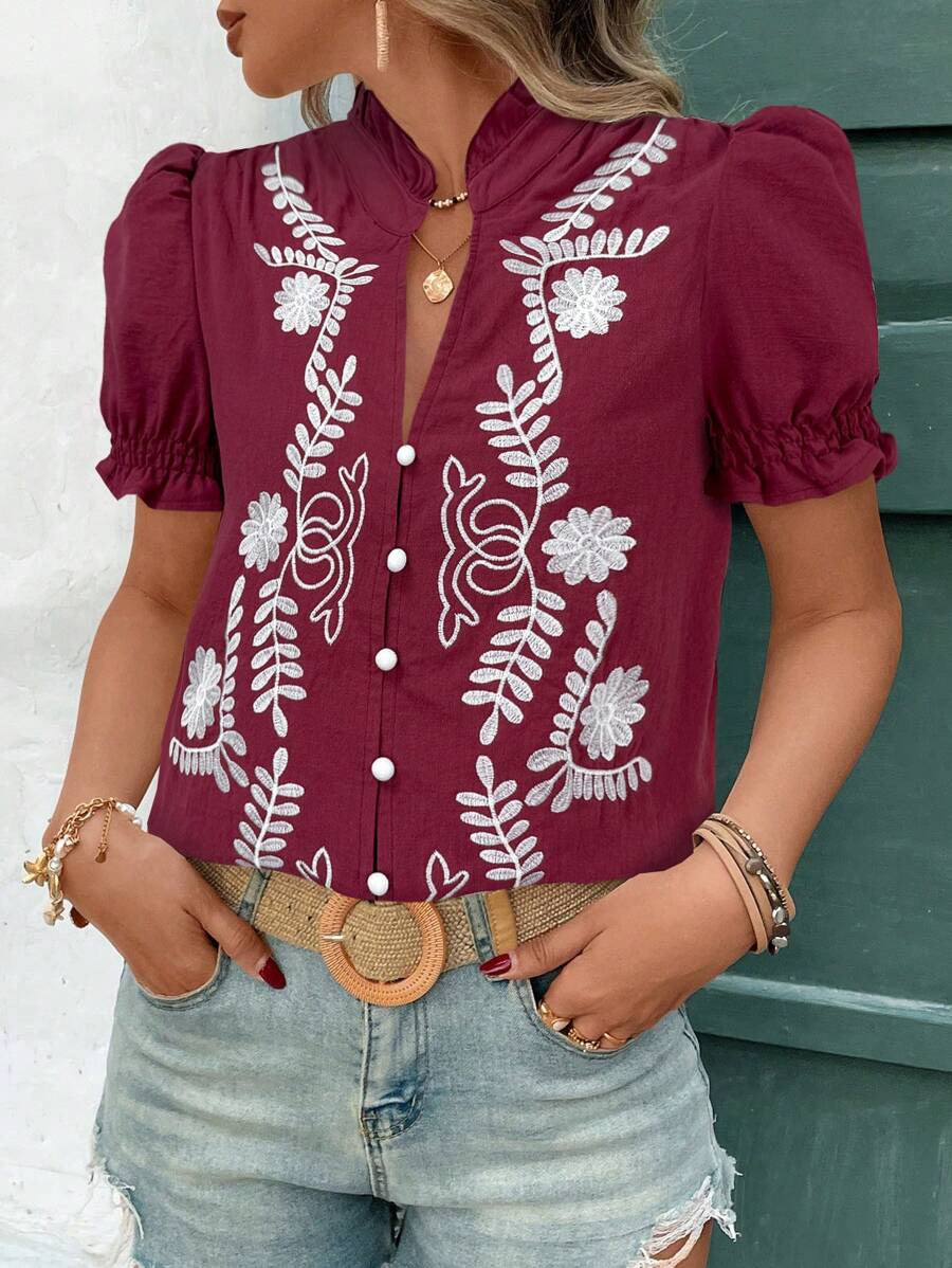 Women's Cotton Embroidered Cardigan Buckle Puff Short Sleeve