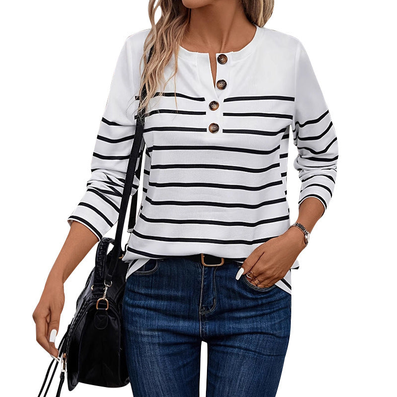 Round Neck Striped Plus Size Fashion Women's Long Sleeve Top