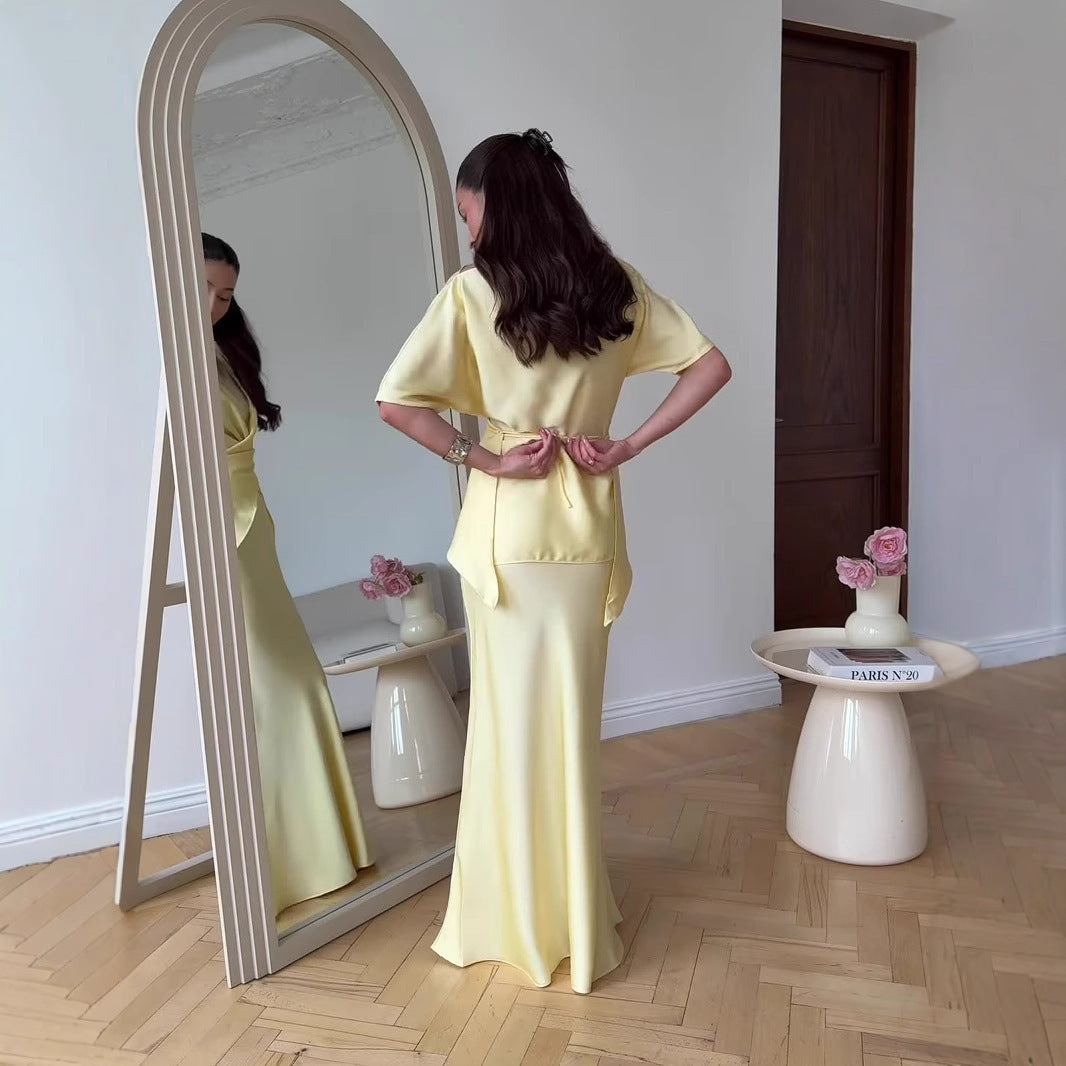 Short Sleeve Tied Top & Maxi Mid-length Dress Set