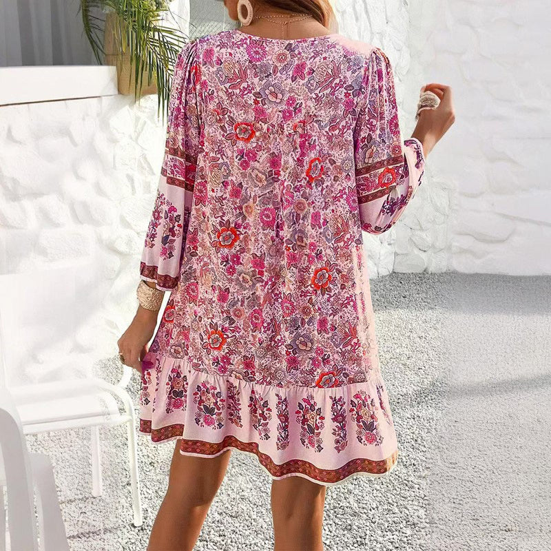 Women's Elegant V-Neck Fringe Bow Floral Print Dress Long Sleeve Comfortable Spring&Summer Dress