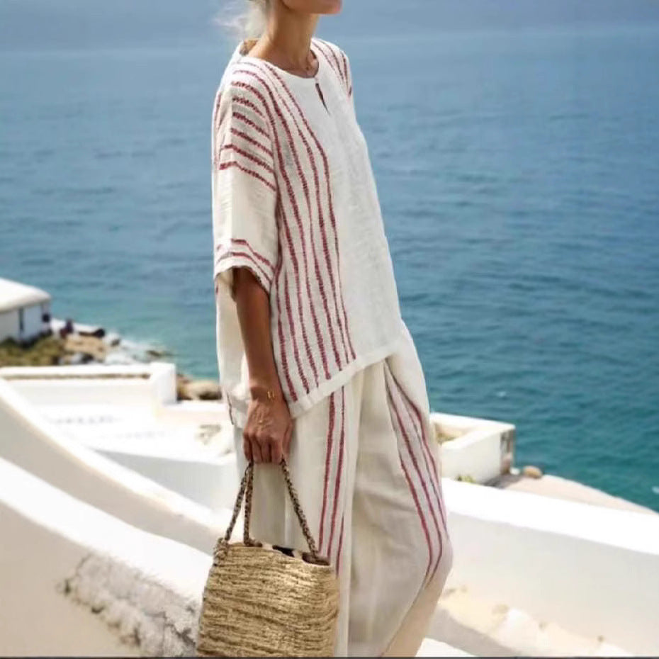 Round Neck Striped Short Sleeve Cotton And Linen Top Casual Pants