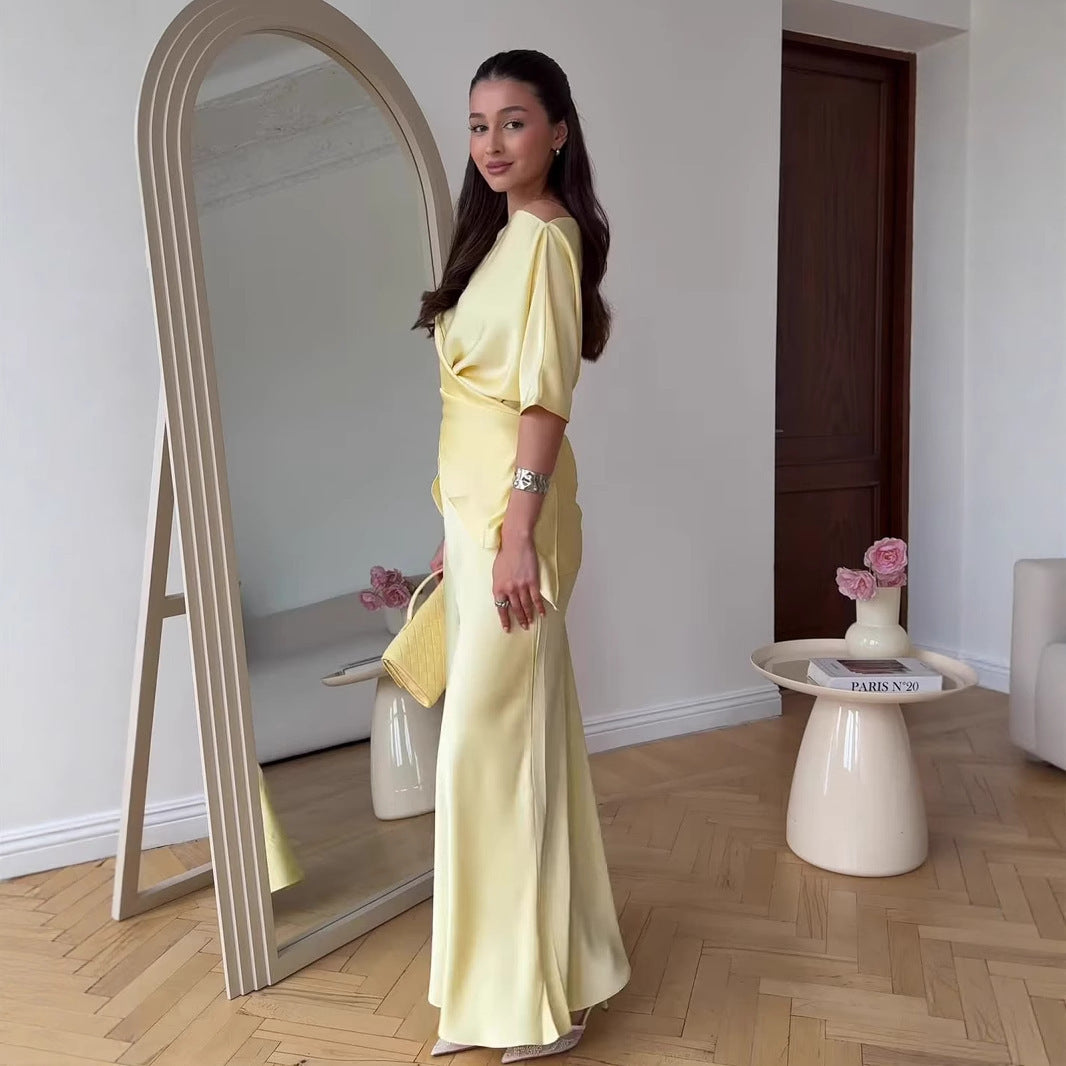 Short Sleeve Tied Top & Maxi Mid-length Dress Set
