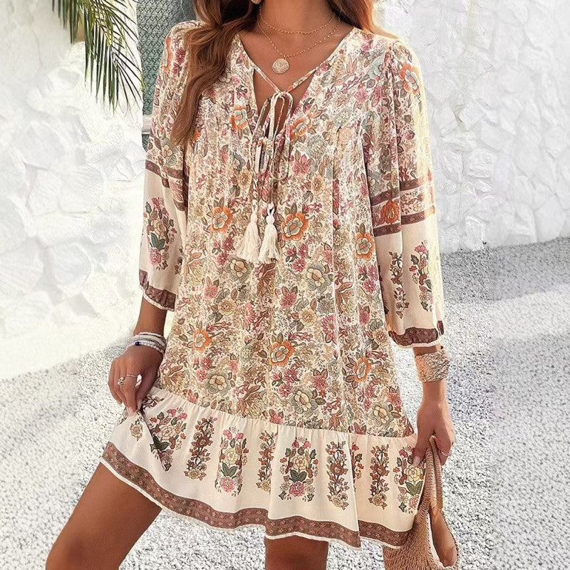 Women's Elegant V-Neck Fringe Bow Floral Print Dress Long Sleeve Comfortable Spring&Summer Dress