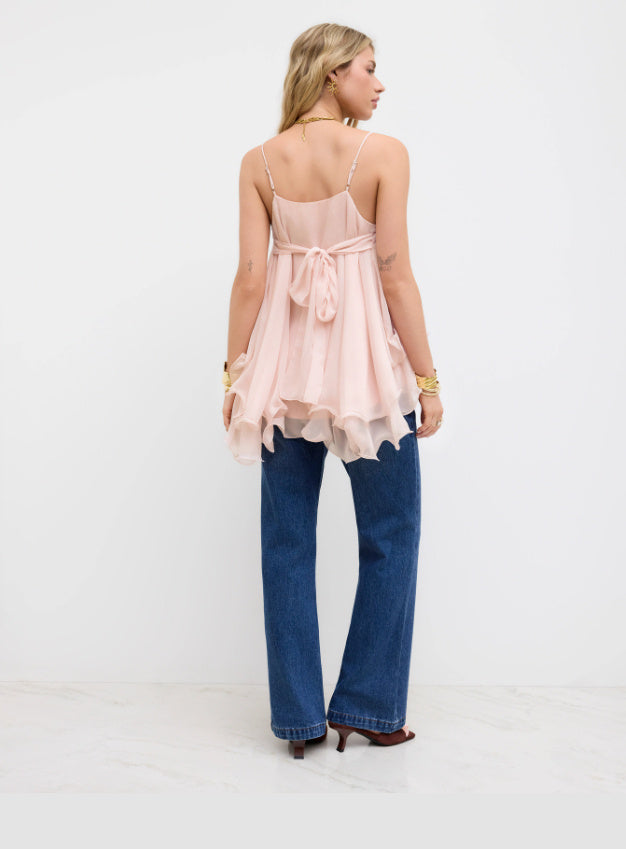Mesh Camisole Short Top With Laminated Ruffles