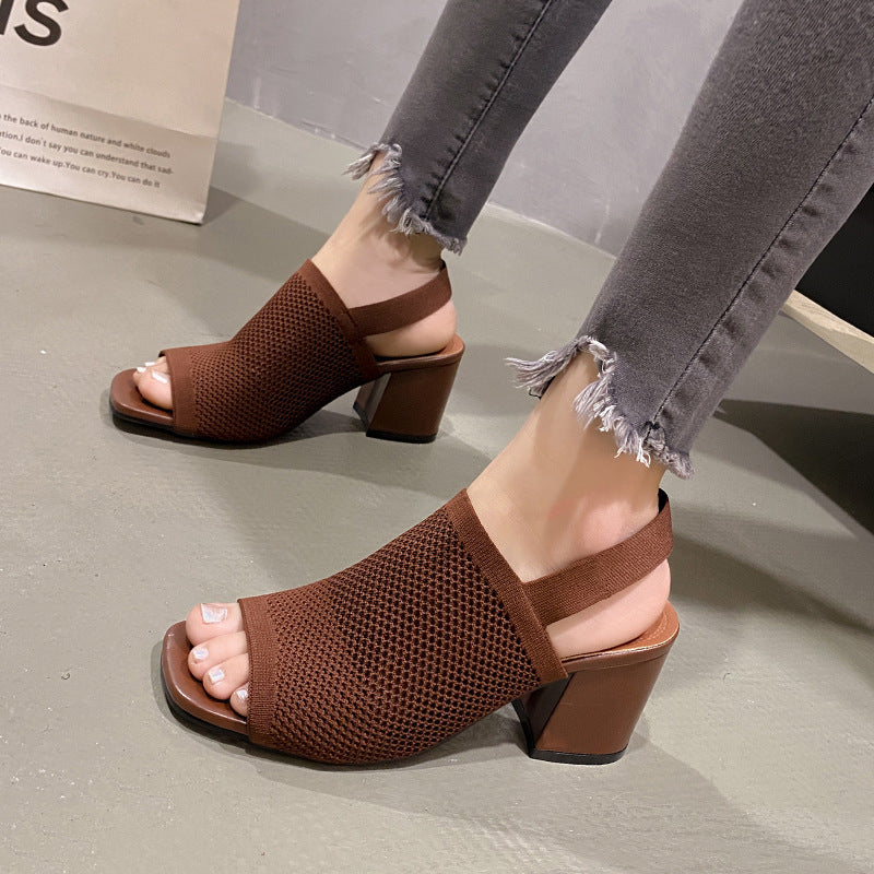European And American Flying Woven High Heel Chunky Heel Sandals For Women