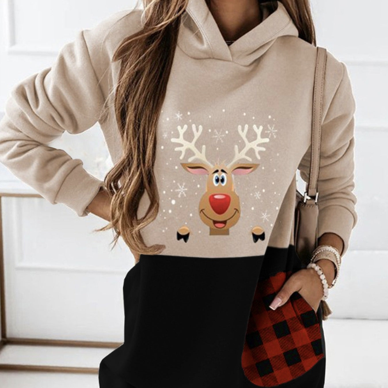 Ladies' Fashionable New Christmas Deer Checkered Printed Color Blocked Hooded Sweatshirt Dress
